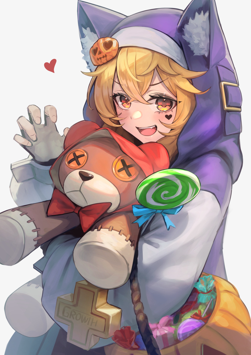 1girl absurdres animal_ear_fluff animal_ear_headwear basket blonde_hair box bridget_(guilty_gear) candy claw_pose commentary_request female_focus food gift gift_box guilty_gear guilty_gear_strive hair_ornament hakusyokuto halloween heart heart_sticker highres holding holding_basket hood hooded_jacket hugging_object jack-o'-lantern jack-o'-lantern_hair_ornament jacket lollipop long_sleeves looking_at_viewer open_mouth orange_eyes purple_jacket roger_(guilty_gear) simple_background smile solo sticker_on_face stuffed_animal stuffed_toy swirl_lollipop tareme teddy_bear upper_body v-shaped_eyebrows white_background