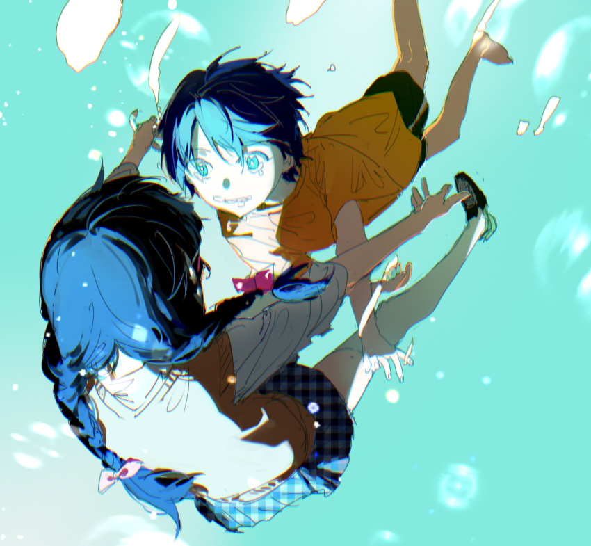 1boy 1girl air_bubble barefoot black_shorts blue_eyes blue_hair blue_skirt bow braid bright_pupils brown_sweater_vest bubble character_request commentary_request crying crying_with_eyes_open face-to-face facing_away falling floating_hair from_behind hair_bow highres long_hair long_sleeves looking_at_another nijisanji orange_shirt outstretched_arms parted_lips pink_bow plaid plaid_skirt popoyu shirt short_sleeves shorts skirt sweater_vest t-shirt tears thigh-highs tsukino_mito tsukino_mito_(2nd_costume) twin_braids virtual_youtuber white_pupils white_shirt white_thighhighs wide-eyed