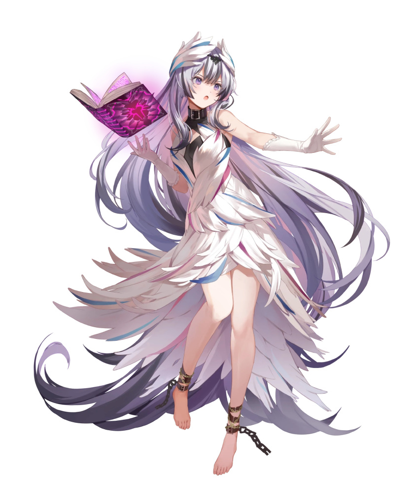 1girl bare_shoulders barefoot black_hair book breasts chain choker dress elbow_gloves feather_hair_ornament feather_trim feathers fire_emblem fire_emblem_engage fire_emblem_heroes floating floating_object full_body gloves glowing grey_hair hair_ornament highres kanda_done long_hair multicolored_hair non-web_source official_art open_book open_mouth short_dress sleeveless sleeveless_dress small_breasts solo toes transparent_background two-tone_hair veyle_(fire_emblem) violet_eyes white_dress
