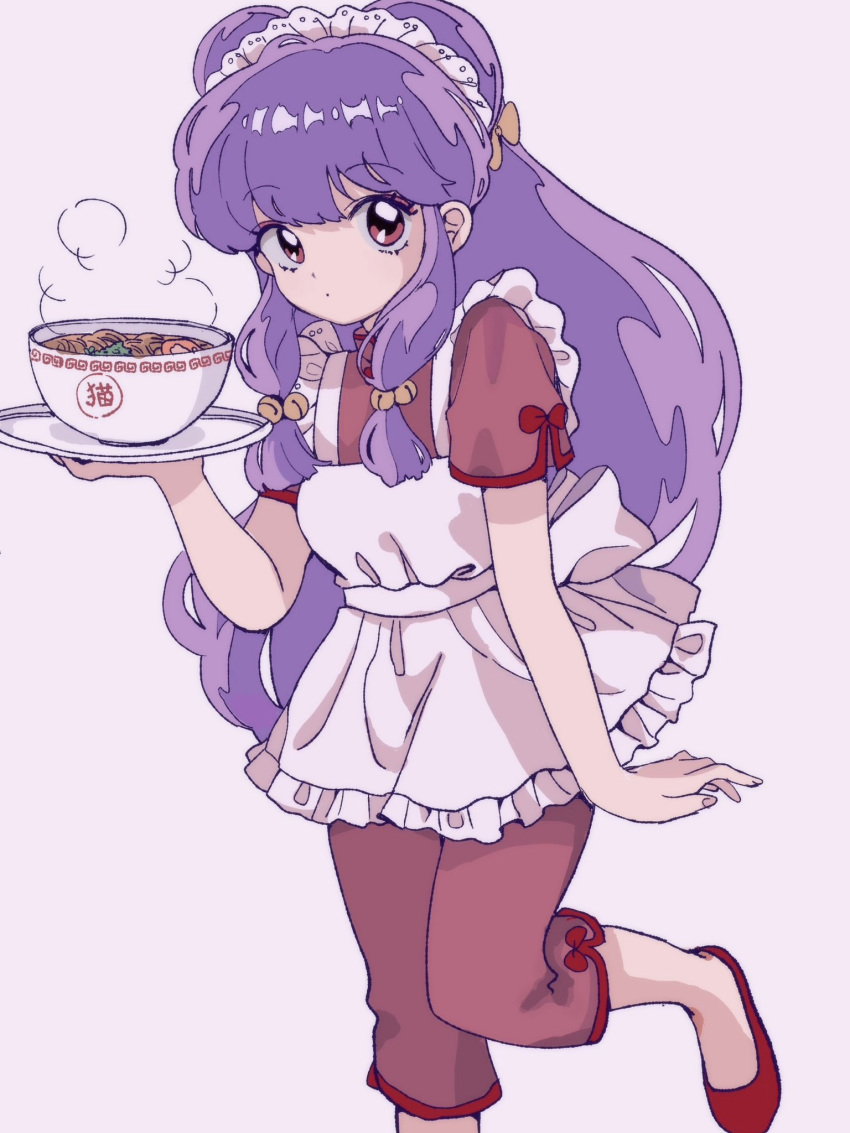 1girl bow chinese_clothes food hair_bow highres noodles purple_hair ramen ranma_1/2 red_bow red_eyes red_footwear s5fz9 shampoo_(ranma_1/2) simple_background solo waitress white_background yellow_bow