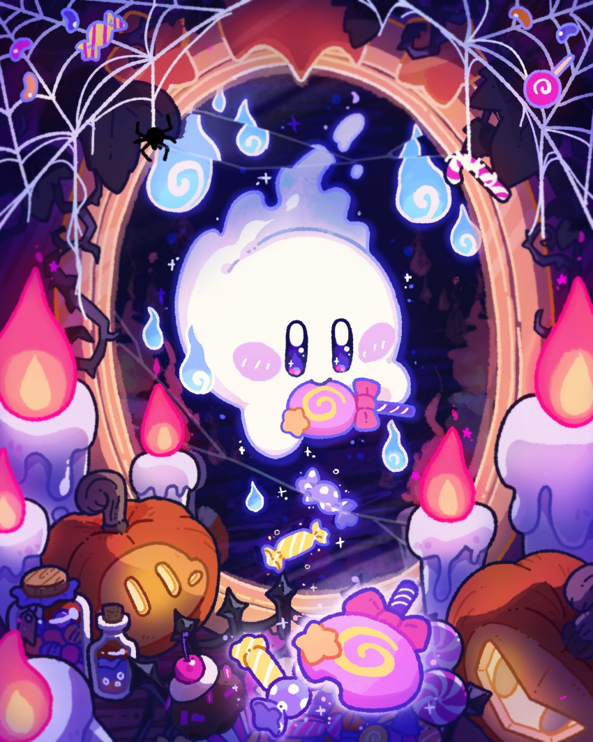 blush bug candle candy commentary food food_in_mouth ghost ghost_kirby halloween harukui highres jack-o'-lantern jar kirby kirby_(series) lollipop mirror muffin no_humans silk spider spider_web