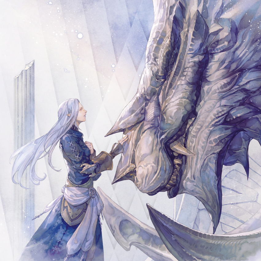 1girl album_cover blue_coat blue_eyes blue_lips closed_eyes coat cover cowboy_shot dragon elezen elf final_fantasy final_fantasy_xiv floating_hair from_side hand_on_own_chest highres hraesvelgr_(ff14) long_hair long_sleeves official_art parted_lips pointy_ears profile sash sharp_teeth size_difference smile standing teeth white_hair white_sash ysayle_dangoulain