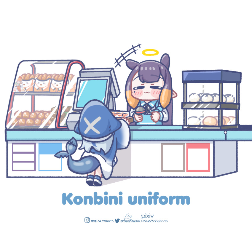 2girls apron baozi barcode_scanner blue_apron blush_stickers cash_register chibi closed_eyes convenience_store counter english_text fins fish_tail food gawr_gura gawr_gura_(1st_costume) halo highres hololive hololive_english instagram_username monja_(monja0521) multiple_girls ninomae_ina'nis pixiv_username purple_hair shark_tail shop simple_background tail tentacle_hair twitter_username virtual_youtuber white_background