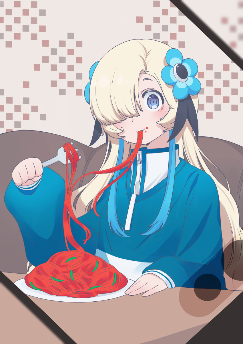 1girl absurdres blonde_hair blue_hair blue_sweater blush brown_background commentary_request daradara_art eating fake_phone_screenshot fake_screenshot flower food food_on_face fork grey_eyes hair_flower hair_ornament hair_over_one_eye hand_up highres holding holding_fork isekai_joucho jacket kamitsubaki_studio layered_clothes long_hair long_sleeves looking_at_viewer multicolored_hair napolitan one_eye_covered pasta puffy_long_sleeves puffy_sleeves raised_eyebrows solo spaghetti streaked_hair surprised sweat sweater table turtleneck upper_body virtual_youtuber white_jacket white_sweater wide-eyed zipper zipper_pull_tab