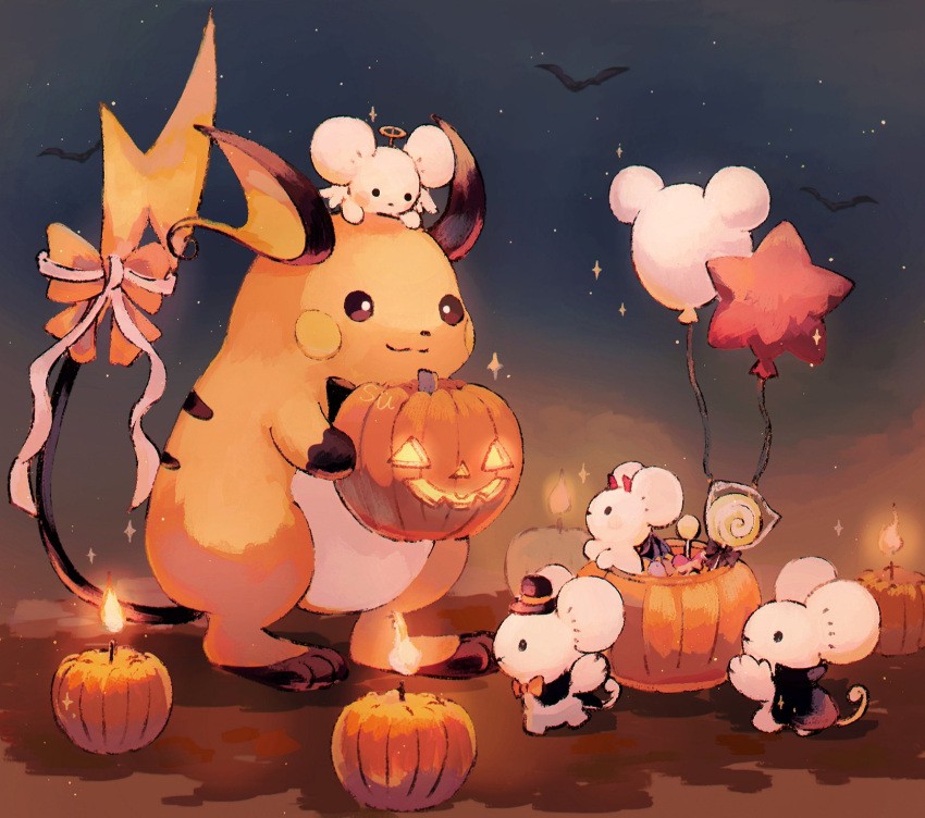 :3 bandages bat_(animal) black_cape black_eyes black_headwear bow candy cape closed_mouth clothed_pokemon demon_horns fire food full_body halloween halo hat highres holding holding_food holding_pumpkin holding_vegetable horns jack-o'-lantern lollipop looking_at_another maushold maushold_(family_of_four) mouse night night_sky no_humans orange_bow outdoors pokemon pokemon_(creature) pumpkin raichu red_horns sky smile sparkle standing star_(sky) star_balloon starry_sky su_(sajo_su5) swirl_lollipop top_hat vegetable