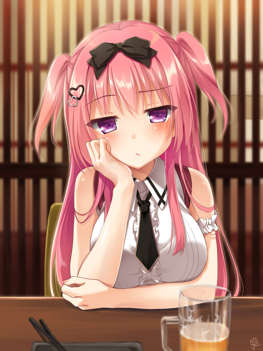 1girl :&lt; alcohol arm_scrunchie arm_under_breasts beer beer_mug black_bow black_necktie blunt_ends blush bow breasts center_frills chaamii closed_mouth collared_shirt cup eyes_visible_through_hair frills frown futamata_ren'ai hair_between_eyes hair_bow hair_ornament hand_on_own_cheek hand_on_own_face head_rest head_tilt heart heart_hair_ornament highres indoors jitome large_breasts long_hair looking_at_viewer mikoshiba_rui mug necktie pink_hair restaurant scrunchie shirt sidelocks signature sitting sleeveless sleeveless_shirt solo straight-on straight_hair two_side_up upper_body very_long_hair violet_eyes white_scrunchie white_shirt