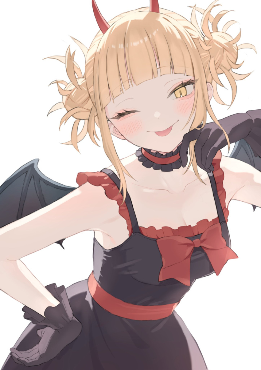 1girl ;p black_dress black_gloves black_wings blonde_hair boku_no_hero_academia bow choker commentary demon_horns demon_wings double_bun dress frilled_choker frills gloves hair_bun highres horns kiina_(mrnsor) looking_at_viewer messy_hair one_eye_closed red_bow red_horns simple_background solo symbol-only_commentary toga_himiko tongue tongue_out white_background wings yellow_eyes