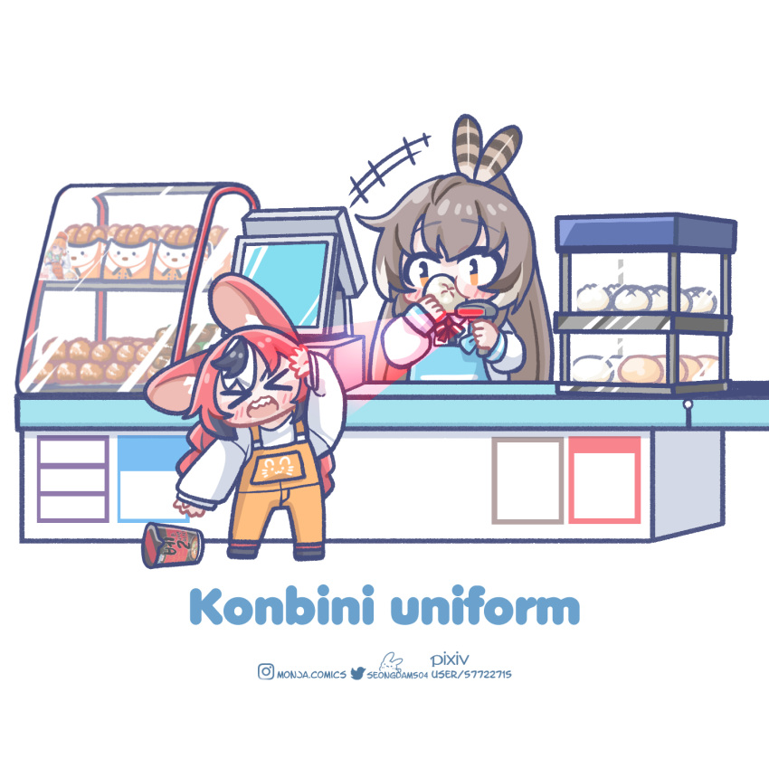 2girls animal_ears apron baozi barcode_scanner blue_apron blush_stickers brown_hair cash_register chibi commentary convenience_store counter eating english_commentary english_text food hakos_baelz highres hololive hololive_english instagram_username looking_at_another monja_(monja0521) mouse_ears multiple_girls pixiv_username ponytail redhead shop simple_background strawberry_baelz twitter_username white_background yellow_overalls