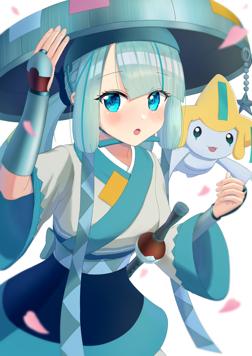 1girl :o absurdres arm_up black_skirt blue_eyes blush commentary_request eyelashes falling_petals green_hair green_headwear hand_up hat hatsune_miku highres honda_dousuiyuu japanese_clothes jirachi kimono long_hair open_mouth petals pokemon pokemon_(creature) project_voltage skirt steel_miku_(project_voltage) tongue twintails vocaloid white_background
