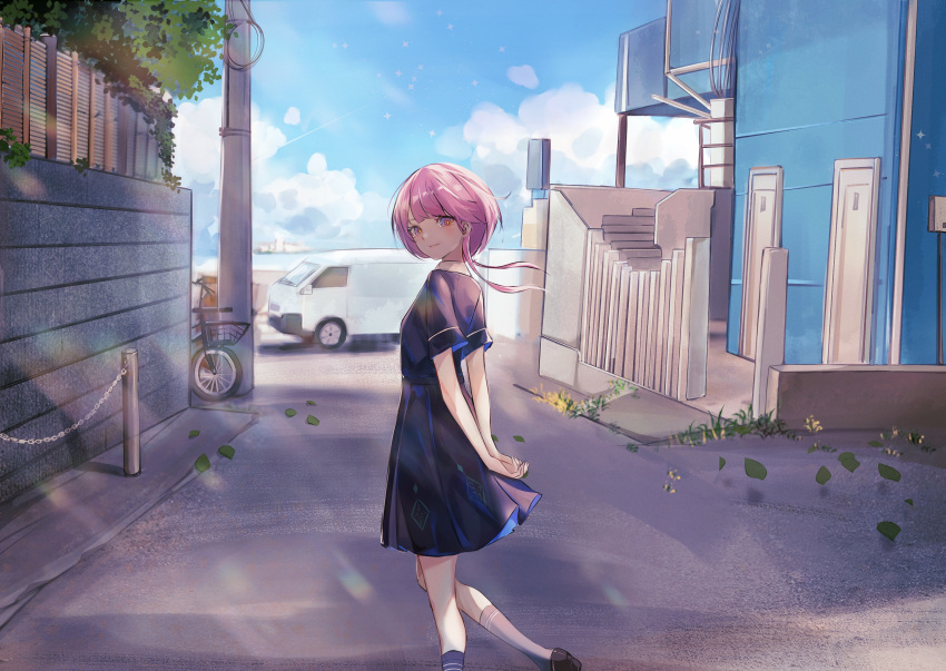1girl absurdres arms_behind_back bicycle black_dress blue_eyes blue_sky blush closed_mouth clouds cloudy_sky collared_dress commentary_request day dress floating_hair from_side highres house kaf_(kamitsubaki_studio) kamitsubaki_studio kashima_(sna1_ryu) kneehighs lens_flare long_hair looking_to_the_side low_twintails motor_vehicle multicolored_eyes official_alternate_costume outdoors own_hands_together red_eyes scenery shore short_sleeves sky smile socks solo standing standing_on_one_leg town twintails van virtual_youtuber wall yellow_pupils
