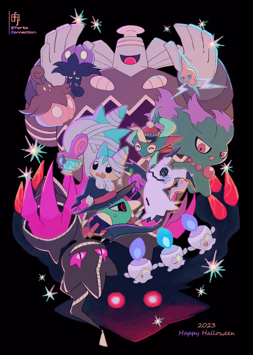 &gt;_&lt; :3 @_@ ^_^ alternate_color bandages banette black_background black_eyes black_headwear blue_fire buck_teeth chikafuji claws closed_eyes colored_sclera dreepy dusknoir eye_contact fang fire giratina halloween hands_up happy_halloween hat highres litwick looking_at_another looking_down mega_banette mega_pokemon mimikyu misdreavus natu no_humans ofuda on_head one-eyed one_eye_covered open_mouth pachirisu pink_sclera pokemon pokemon_(creature) pokemon_on_head pumpkaboo purple_fire qing_guanmao red_eyes rotom shadow shiny_pokemon sinistea smile sparkle sweatdrop teeth twitter_username upside-down witch_hat yellow_sclera