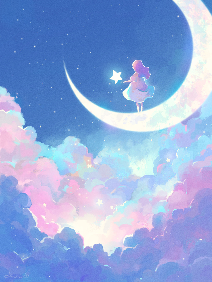 1girl above_clouds absurdres artist_name clouds commentary_request crescent_moon dress facing_away from_behind highres long_hair moon night night_sky on_crescent original outdoors pink_hair short_sleeves signature sky solo standing star_(sky) star_(symbol) starry_sky white_dress wide_shot yuzuki_kino
