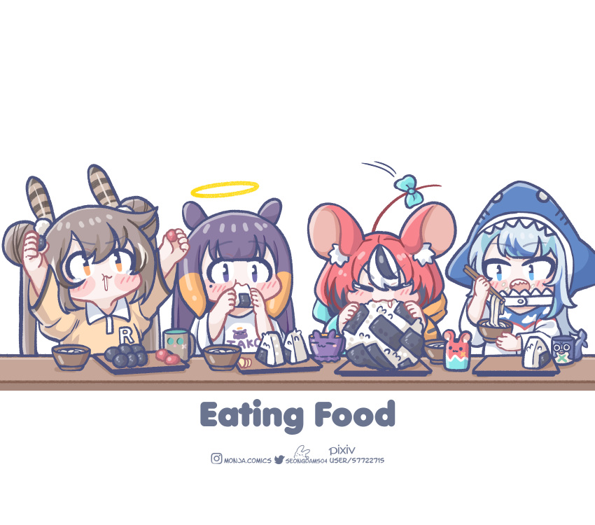 4girls alternate_costume alternate_hairstyle animal_ears black_hair blush_stickers brown_hair chibi chopsticks double_bun eating english_text feather_hair_ornament feathers food gawr_gura green_hair grey_hair hair_bun hair_ornament hakos_baelz halo highres holding holding_chopsticks hololive hololive_english instagram_username monja_(monja0521) mouse_ears multiple_girls nanashi_mumei ninomae_ina'nis noodles onigiri pixiv_username redhead simple_background tentacle_hair twintails twitter_username udon virtual_youtuber white_background