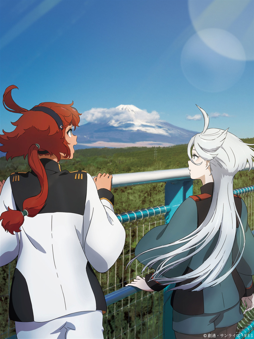 2girls absurdres ahoge artist_request asticassia_school_uniform black_hairband blue_sky clouds copyright fence floating_hair forest from_behind gundam gundam_suisei_no_majo hair_tubes hairband highres landscape long_hair low_ponytail miorine_rembran mountain multiple_girls nature official_art photo_background profile redhead school_uniform sky suletta_mercury very_long_hair white_hair