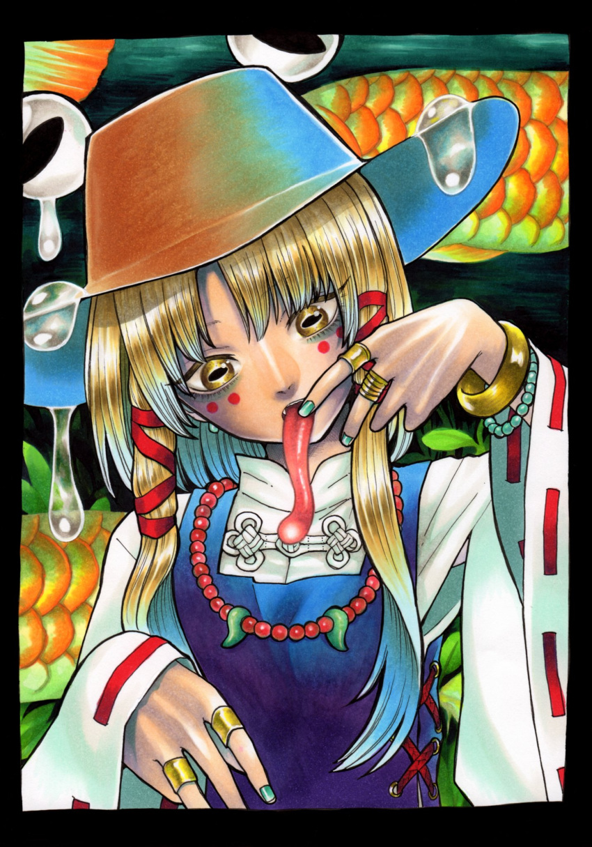 1girl bags_under_eyes blonde_hair blue_vest bow bracelet branch brown_headwear extra_eyes facial_tattoo fang frog_girl green_nails hair_bow hair_ornament hand_up hat head_tilt highres horizontal_pupils jewelry leaf long_hair long_tongue magatama moriya_suwako nail_polish necklace open_mouth red_bow ring saliva scales shirt sidelocks tattoo tongue tongue_out touhou traditional_media vest white_sleeves whoru wide_sleeves yellow_eyes