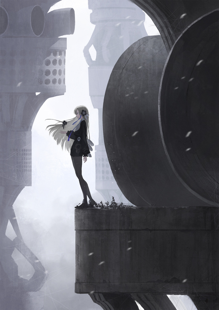1girl absurdres black_flower black_footwear black_jacket black_pantyhose black_shorts commentary_request exhaust_pipe expressionless floating_hair flower from_side grey_hair hand_up haze heel_up highres isekai_joucho jacket kamitsubaki_studio ledge light_particles long_hair long_sleeves looking_at_object machinery multicolored_hair necktie nekoreito object_floating_above_hand official_alternate_costume outdoors pantyhose profile purple_hair purple_necktie scenery shoes shorts solo standing streaked_hair virtual_youtuber weeds wide_shot