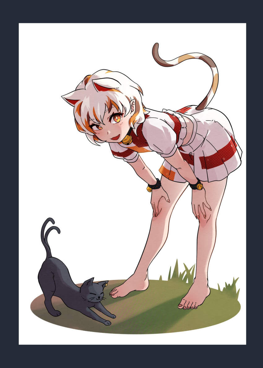 1girl animal_ears barefoot bell bent_over black_cat border bright_pupils brown_headwear cat cat_ears cat_girl cat_stretch cat_tail commentary_request crop_top extra_ears fang feet fingernails flat_chest full_body goutokuji_mike grass grey_border hands_on_own_knees highres jingle_bell leaning_forward looking_at_viewer medium_bangs multicolored_hair neck_bell nekomata open_mouth orange_eyes orange_hair patchwork_clothes pointy_ears shirt short_hair simple_background skirt skirt_set smile solo standing streaked_hair stretching tail toenails toes touhou white_background white_hair white_pupils white_shirt wristband yan_pai