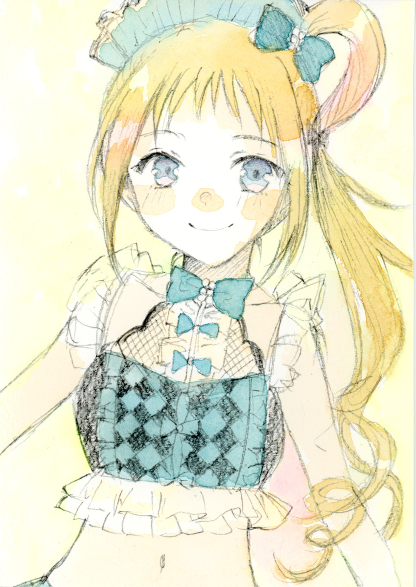 1girl absurdres argyle argyle_bow blue_bow blue_choker blue_eyes blush bow bow_choker choker crop_top frills fukuhara_ann hair_bow hair_rings happy highres long_hair looking_at_viewer maid_headdress midriff multicolored_clothes navel pretty_(series) pretty_rhythm pretty_rhythm_rainbow_live side_ponytail siokya_draw smile solo summer_maid_coord