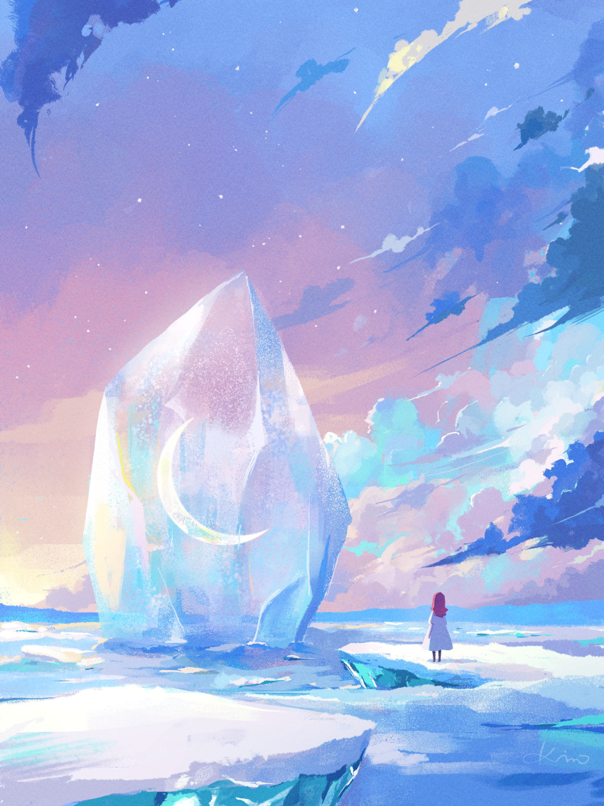 1girl absurdres artist_name clouds cloudy_sky commentary crescent_moon english_commentary facing_away from_behind frozen gradient_sky highres ice ice_crystal moon original outdoors signature sky snow solo standing star_(sky) starry_sky twilight wide_shot yuzuki_kino