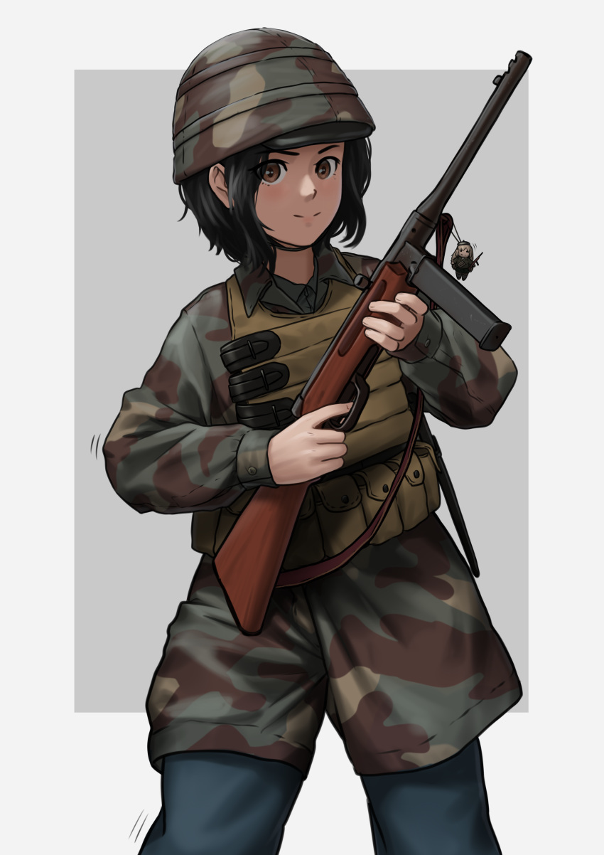 1girl absurdres ammunition_pouch belt beretta_model_38 beretta_model_38_(girls'_frontline) black_hair brown_eyes camouflage charm_(object) chibi commission english_commentary girls_frontline gun highres italy kaibokan looking_at_viewer mab_38 military_uniform paratrooper pouch real_life soldier solo submachine_gun uniform vest weapon when_you_see_it world_war_ii