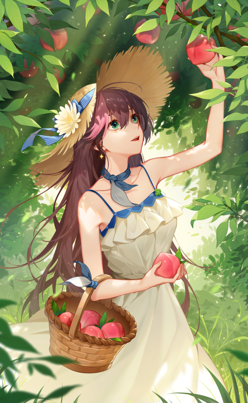 1girl absurdres bare_shoulders breasts brown_hair crazy_ones dress earrings food frilled_dress frills fruit green_eyes hat highres jewelry long_hair medium_breasts official_art open_mouth peach peach_tree redhead solo star_(symbol) star_earrings su_xiaoye sun_hat white_dress