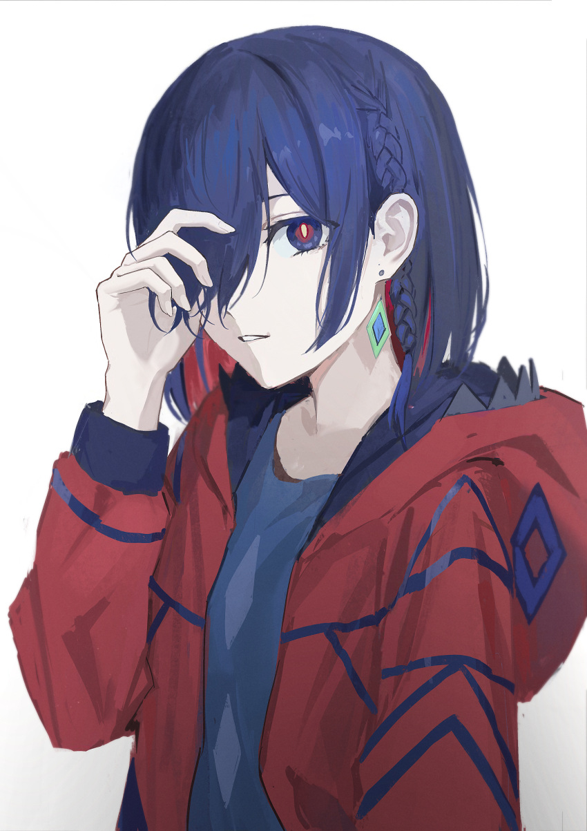 1girl blue_eyes blue_hair blue_shirt braid colored_inner_hair commentary_request diamond_earrings drop_earrings earrings expressionless hair_over_one_eye hand_up highres hood hood_down hooded_jacket jacket jewelry kamitsubaki_studio long_sleeves looking_at_viewer medium_hair multicolored_eyes multicolored_hair nekoreito one_eye_covered open_clothes open_jacket parted_lips playing_with_own_hair red_eyes red_jacket redhead rim_(kamitsubaki_studio) shirt side_braid simple_background solo upper_body virtual_youtuber white_background yellow_pupils