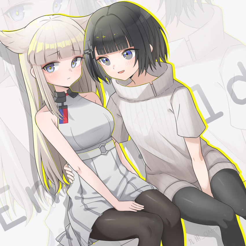 2girls absurdres animal_ears arknights arknights:_endfield armpit_crease artist_name bare_shoulders black_hair black_panties blue_eyes blush breasts chinese_commentary closed_mouth commentary_request copyright_name dress dutch_angle female_endministrator_(arknights) grey_eyes hair_ornament hairpin hand_on_another's_hip high_belt highres hime_cut jiuyu_qame long_hair medium_breasts multiple_girls open_mouth outline panties perlica_(arknights) short_hair short_sleeves sitting sleeveless sleeveless_dress sweater underwear white_sweater yellow_outline zoom_layer