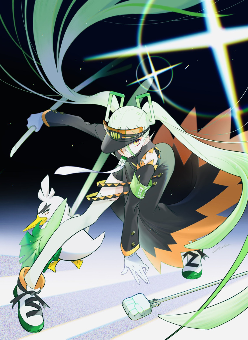 1girl armband black_coat coat detached_sleeves eyeshadow fighting_miku_(project_voltage) food gloves green_armband hatsune_miku highres holding holding_food holding_spring_onion holding_vegetable long_hair long_sleeves makeup multicolored_hair one_eye_covered orange_eyeshadow orange_trim otohara_gaku pokemon pokemon_(creature) project_voltage shoes side_slit single_detached_sleeve sirfetch'd sneakers spring_onion superhero_landing thigh-highs twintails vegetable very_long_hair visor_cap vocaloid white_gloves white_hair white_thighhighs yellow_eyes