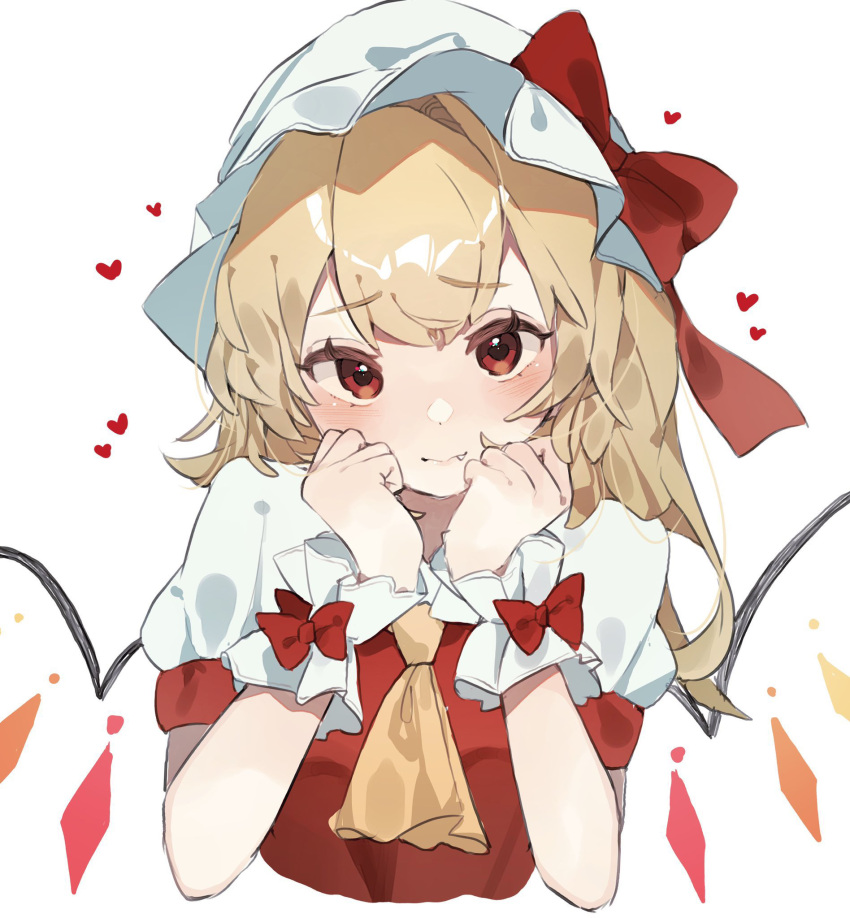 1girl ascot blonde_hair cropped_torso fang fang_out flandre_scarlet gominami hat heart heart_background highres mob_cap one_side_up puffy_sleeves red_eyes short_sleeves simple_background solo touhou upper_body white_background white_headwear wings
