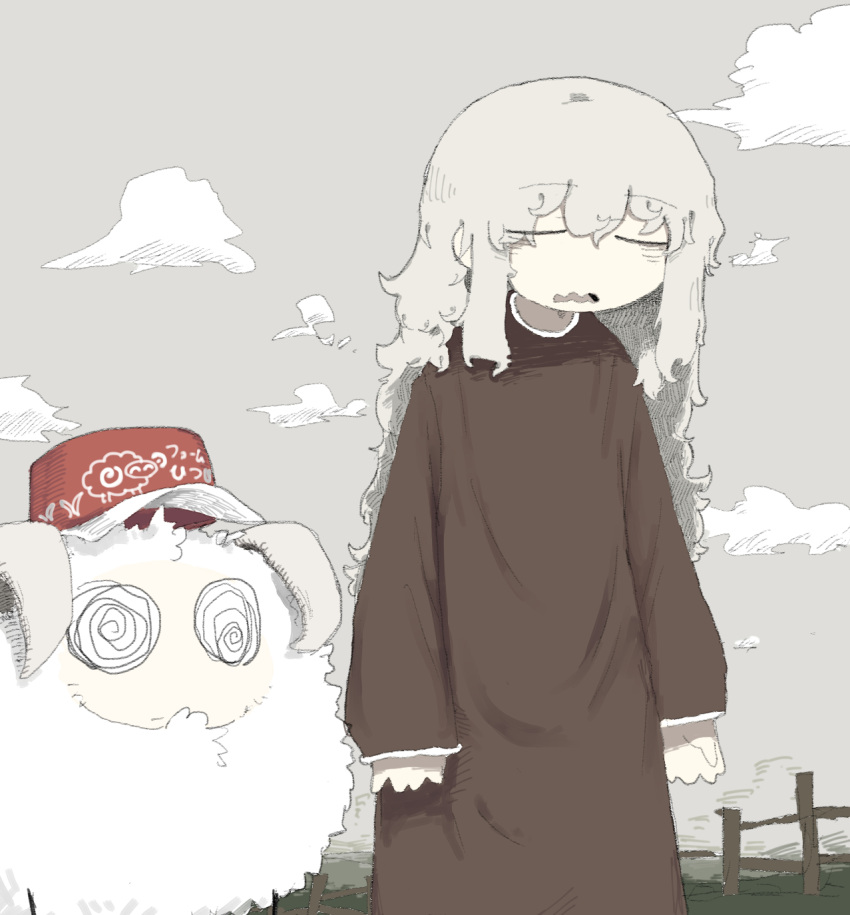 1girl @_@ animal arms_at_sides bags_under_eyes baseball_cap brown_dress closed_eyes clothed_animal clouds curly_hair day dress fence field grey_hair grey_sky hat highres long_hair long_sleeves open_mouth original outdoors sheep sky solo standing torosakana wavy_mouth wooden_fence