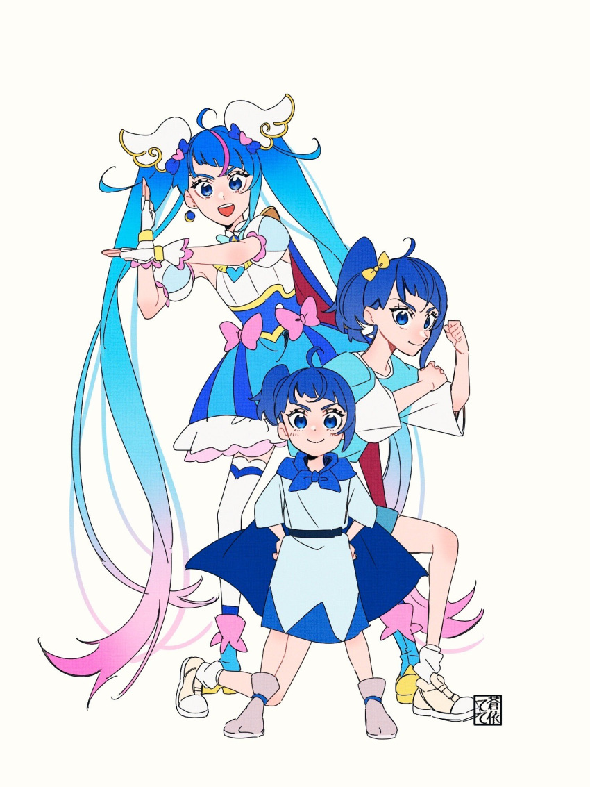 3girls ahoge artist_logo blue_cape blue_dress blue_footwear blue_hair blue_shirt blue_skirt boots brooch cape closed_mouth crossed_wrists cut_bangs dress earrings fighting_stance fingerless_gloves gloves gradient_hair grey_footwear hair_bun hair_ribbon hand_on_own_arm hands_on_own_hips highres hirogaru_sky!_precure jewelry long_hair looking_at_viewer magical_girl medium_dress medium_hair miniskirt multicolored_hair multiple_girls on_one_knee open_mouth pink_hair precure red_cape ribbon shirt shoes short_dress short_sleeves simple_background single_earring single_side_bun skirt sleeveless sleeveless_dress smile sneakers socks sora_harewataru standing streaked_hair tete_a thigh-highs time_paradox two-sided_cape two-sided_fabric very_long_hair white_background white_footwear white_gloves white_socks white_thighhighs wing_brooch wing_hair_ornament yellow_ribbon