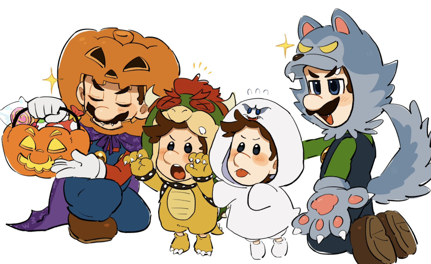 4boys animal_costume baby_luigi baby_mario basket big_nose blue_eyes blue_overalls boo_(mario) boo_(mario)_(cosplay) bowser bowser_(cosplay) brown_footwear brown_hair candy cape child claw_pose closed_eyes commentary cosplay facial_hair fangs food gloves green_shirt halloween highres jack-o'-lantern_head kneeling lollipop luigi mario mimimi_(mimimim9999) multiple_boys mustache open_mouth overalls purple_cape red_shirt shirt shoes simple_background super_mario_bros. symbol-only_commentary tail teeth toddler tongue tongue_out upper_teeth_only white_background white_gloves wolf_costume wolf_paws wolf_tail