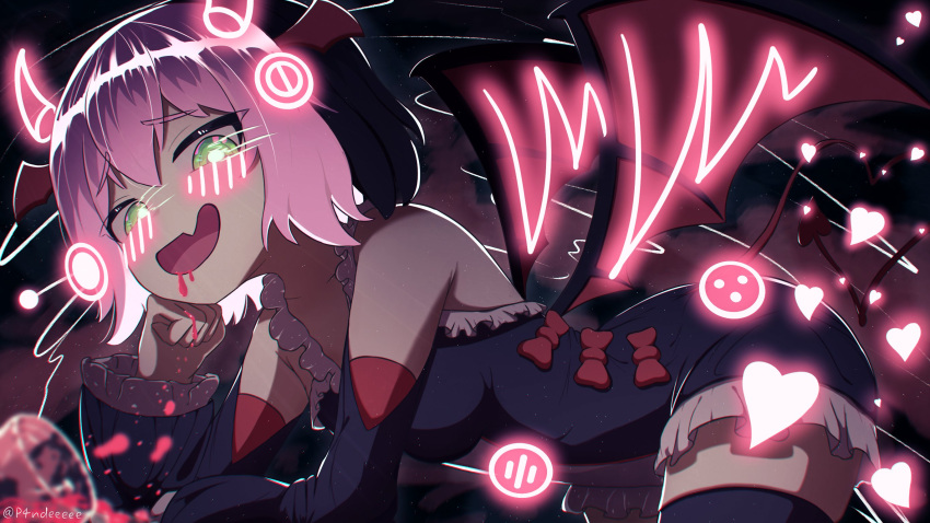 1girl arm_support bare_shoulders bat_wings bent_over black_dress black_hair bow demon_girl detached_sleeves drawn_horns dress dyed_bangs fang frills green_eyes head_wings heart highres laevatein_(tail) multicolored_hair open_mouth osu! p4ndeeeee pink_hair pippi_(osu!) red_bow smile solo tail thigh-highs two-tone_hair wings zettai_ryouiki