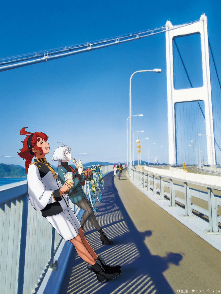 2girls absurdres ahoge artist_request asticassia_school_uniform bicycle black_footwear blue_sky boots bridge closed_eyes copyright cup from_side gundam gundam_suisei_no_majo hairband highres holding holding_cup landscape leaning leaning_on_object miorine_rembran multiple_girls official_art outdoors pantyhose photo_background redhead school_uniform shadow sky suletta_mercury white_hair