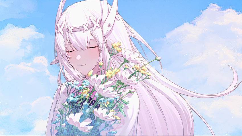 1girl animal_ears blue_sky blush bouquet bow bowtie center-flap_bangs chinese_commentary closed_eyes clouds commentary fake_animal_ears flower flower_request goat_ears hair_ornament headgear highres holding holding_bouquet liv:_eclipse_(tiara)_(punishing:_gray_raven) liv_(punishing:_gray_raven) long_hair official_alternate_costume pink_bow pink_bowtie pink_hair pink_shirt portrait punishing:_gray_raven shirt sky solo tiara x_hair_ornament zhou_huan_(dgpe2833)
