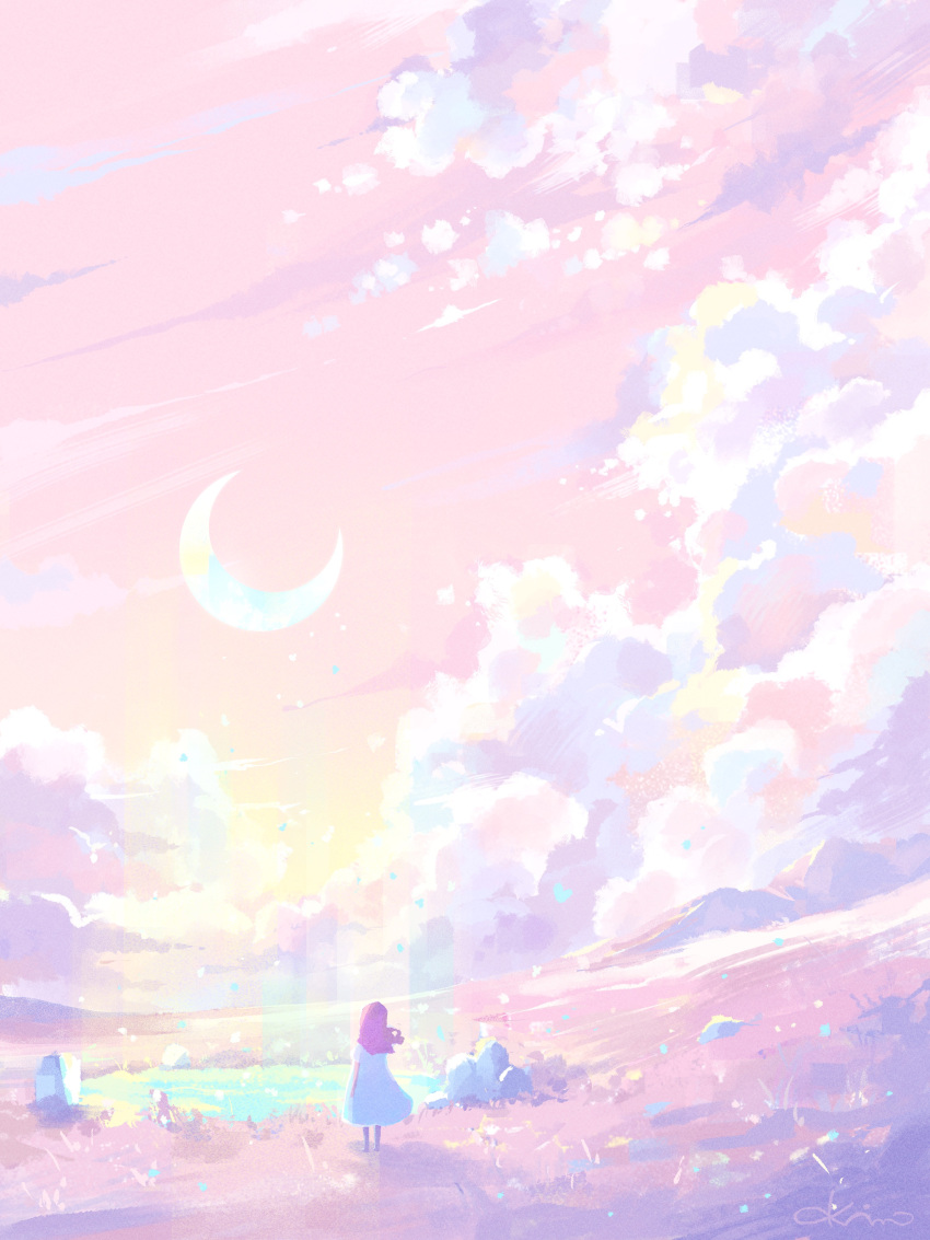 1girl absurdres artist_name clouds cloudy_sky commentary_request crescent_moon dress facing_away from_behind grass highres hill long_hair moon mountainous_horizon original pink_hair pink_sky pond rock scenery short_sleeves signature sky solo standing water white_dress wide_shot yuzuki_kino