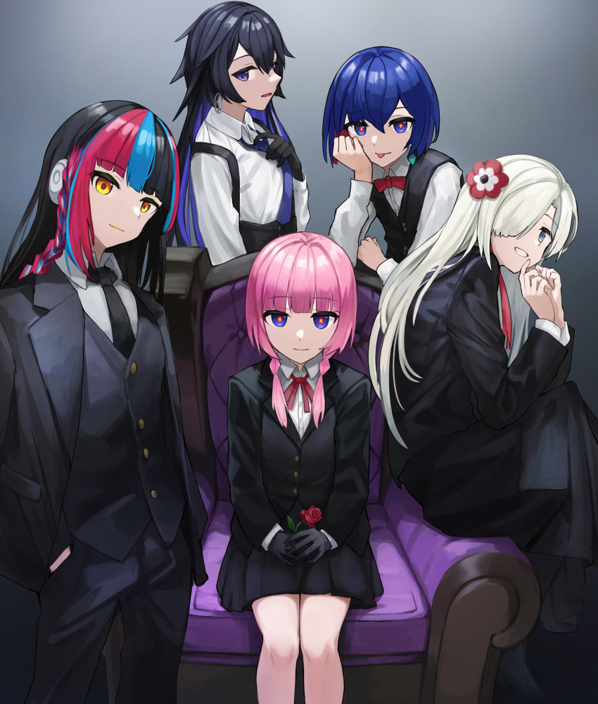 5girls absurdres adjusting_clothes adjusting_necktie alternate_costume armchair bart_harooo black_gloves black_hair black_jacket black_necktie black_pants black_skirt black_suit black_vest blue_eyes blue_hair blunt_bangs bow bowtie braid chair closed_mouth collared_shirt commentary crossdressing diamond_earrings dress_shirt earrings english_commentary flower gloves gradient_background grey_background grey_eyes grin hair_flower hair_ornament hair_over_one_eye hair_over_shoulder hand_on_own_cheek hand_on_own_face hands_in_pockets hands_on_lap hands_up harusaruhi headphones highres holding holding_flower isekai_joucho jacket jewelry kaf_(kamitsubaki_studio) kamitsubaki_studio koko_(kamitsubaki_studio) long_hair long_skirt long_sleeves low_twintails mafia miniskirt multicolored_eyes multicolored_hair multiple_girls necktie one_eye_covered open_clothes open_jacket own_hands_together pants pink_hair pleated_skirt purple_hair purple_necktie red_bow red_bowtie red_eyes red_flower red_rose redhead rim_(kamitsubaki_studio) rose shirt short_hair side_braid sitting skirt smile standing streaked_hair suit suit_jacket suspenders three-piece_suit tongue tongue_out twintails vest violet_eyes virtual_youtuber white_hair white_shirt yellow_eyes yellow_lips yellow_pupils