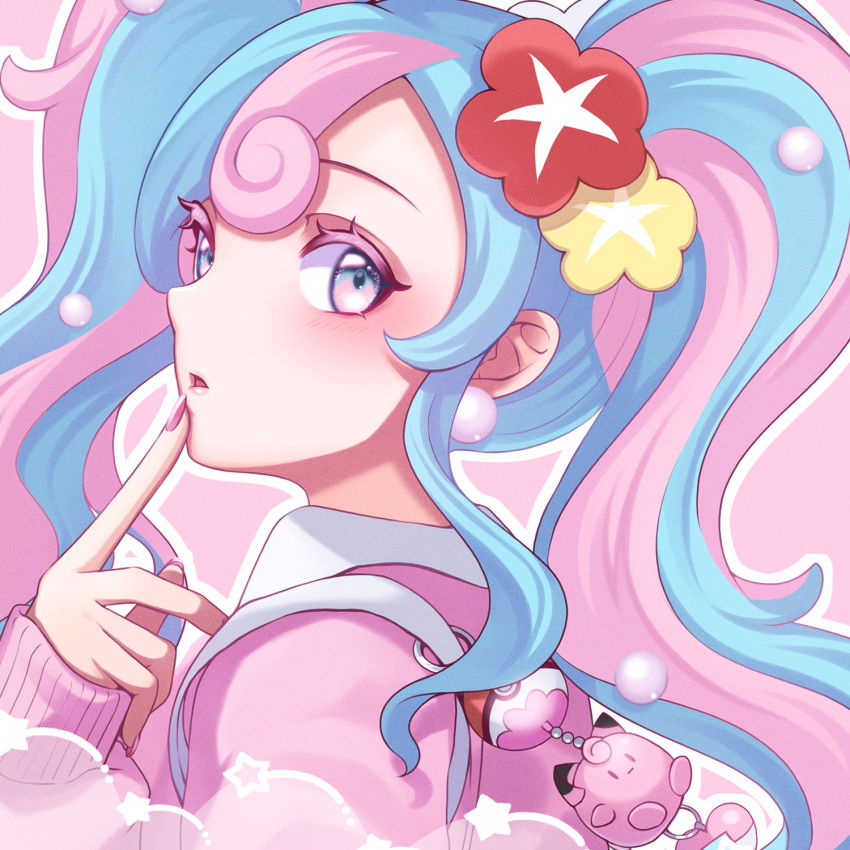 1girl blush cardigan clefairy earrings fairy_miku_(project_voltage) flower hair_flower hair_ornament hatsune_miku highres jewelry long_hair long_sleeves multicolored_hair nail_polish parted_lips pink_cardigan poke_ball pokemon project_voltage sani_(saaanii) twintails two-tone_hair very_long_hair vocaloid