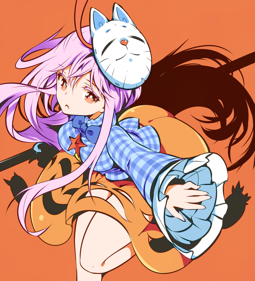 1girl absurdres blue_shirt breasts brown_eyes collared_shirt frilled_sleeves frills hata_no_kokoro highres ichizen_(o_tori) long_hair long_sleeves looking_at_viewer mask mask_on_head medium_breasts one-hour_drawing_challenge open_mouth orange_background orange_skirt pink_hair plaid plaid_shirt pleated_skirt shirt simple_background skirt solo touhou
