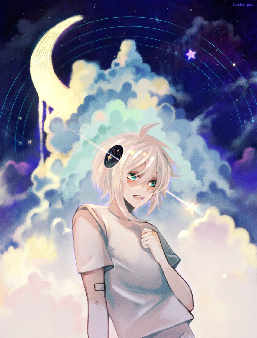 1boy ahoge aqua_eyes artist_name bandaid bandaid_on_arm clenched_hand clip_studio_paint_(medium) clouds commentary crescent_moon dripping english_commentary freckles hand_on_own_chest highres hole_in_head hoshi-pan looking_ahead male_focus moon night night_sky open_mouth original shirt shooting_star short_hair_with_long_locks short_sleeves sky smile solo star_(sky) star_(symbol) teeth upper_body upper_teeth_only white_hair white_shirt