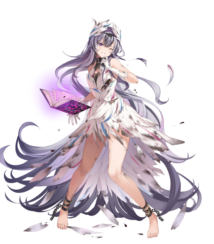 1girl bare_shoulders barefoot black_hair book breasts burnt_clothes chain choker clenched_teeth dress feather_hair_ornament feathers fire_emblem fire_emblem_engage fire_emblem_heroes floating floating_object full_body gloves glowing grey_hair hair_ornament highres kanda_done long_hair multicolored_hair non-web_source official_art one_eye_closed open_book parted_lips sleeveless small_breasts solo sweat sweatdrop teeth toes torn_clothes torn_dress torn_gloves transparent_background two-tone_hair veyle_(fire_emblem) violet_eyes white_dress