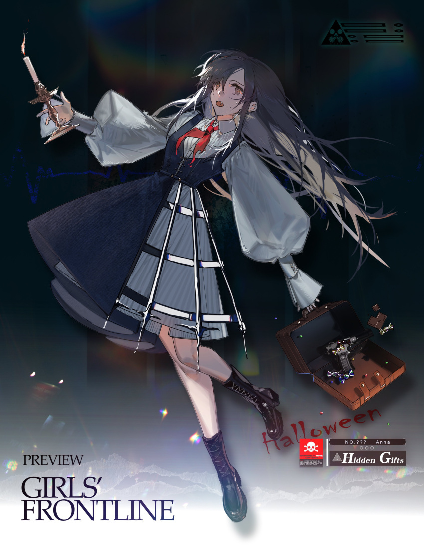 1girl absurdres aged_down angelia_(girls'_frontline) black_hair blueblossom boots candle candlestand candy chocolate chocolate_bar english_text food gift_wrapping girls_frontline gun halloween handgun highres holding holding_candle long_hair neckerchief original school_uniform solo weapon yellow_eyes