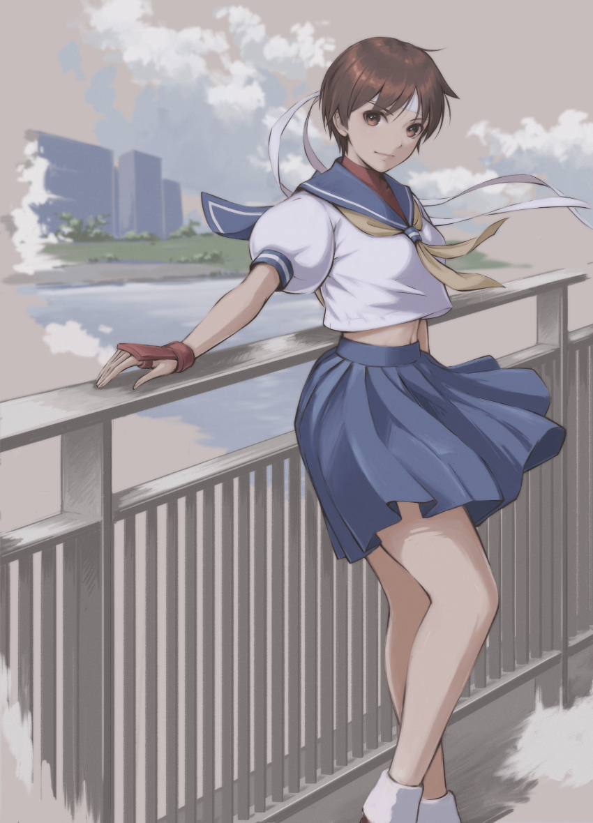 1girl absurdres blue_skirt breasts brown_eyes brown_hair closed_mouth clouds cloudy_sky commentary_request day gloves headband highres kasugano_sakura lips looking_at_viewer medium_breasts midriff navel outdoors pleated_skirt puffy_short_sleeves puffy_sleeves river sailor_collar school_uniform short_hair short_sleeves simple_background skirt sky solo street_fighter street_fighter_zero_(series) tyanoki water white_headband