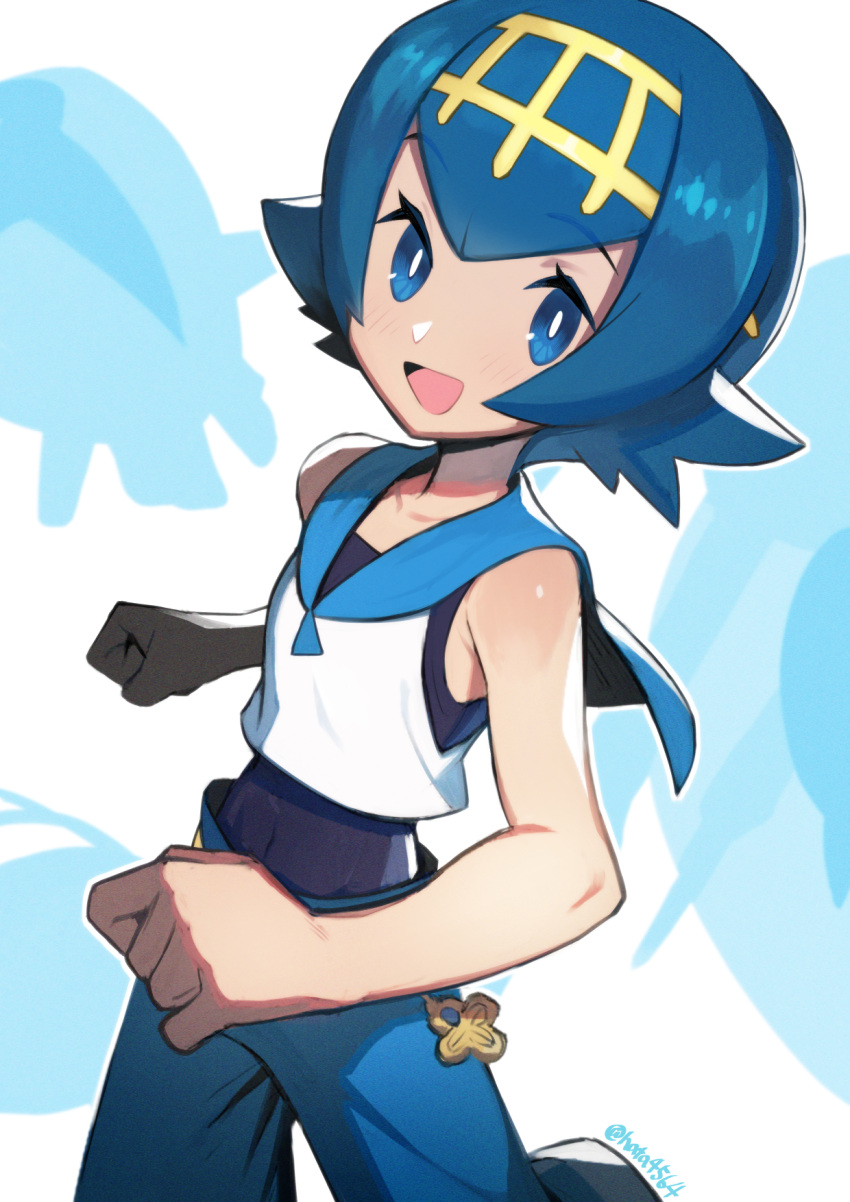 1girl :d bare_arms blue_eyes blue_hair blue_pants blue_sailor_collar blush bright_pupils clenched_hands hairband hata4564 highres lana_(pokemon) looking_at_viewer no_sclera one-piece_swimsuit open_mouth pants pokemon pokemon_(game) pokemon_sm sailor_collar shirt short_hair sleeveless sleeveless_shirt smile solo swimsuit swimsuit_under_clothes tongue twitter_username white_pupils white_shirt yellow_hairband