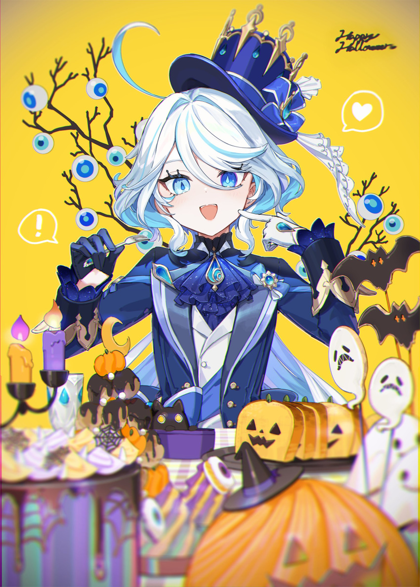 ! 1girl absurdres ahoge asymmetrical_gloves black_gloves blue_eyes blue_hair blue_headwear drop-shaped_pupils finger_to_cheek fork furina_(genshin_impact) genshin_impact gloves hair_between_eyes half_gloves happy_halloween hat heart highres holding holding_fork index_finger_raised long_hair long_sleeves looking_at_viewer mismatched_gloves mismatched_pupils multicolored_hair open_mouth smile speech_bubble top_hat white_gloves white_hair yellow_background yu-ri