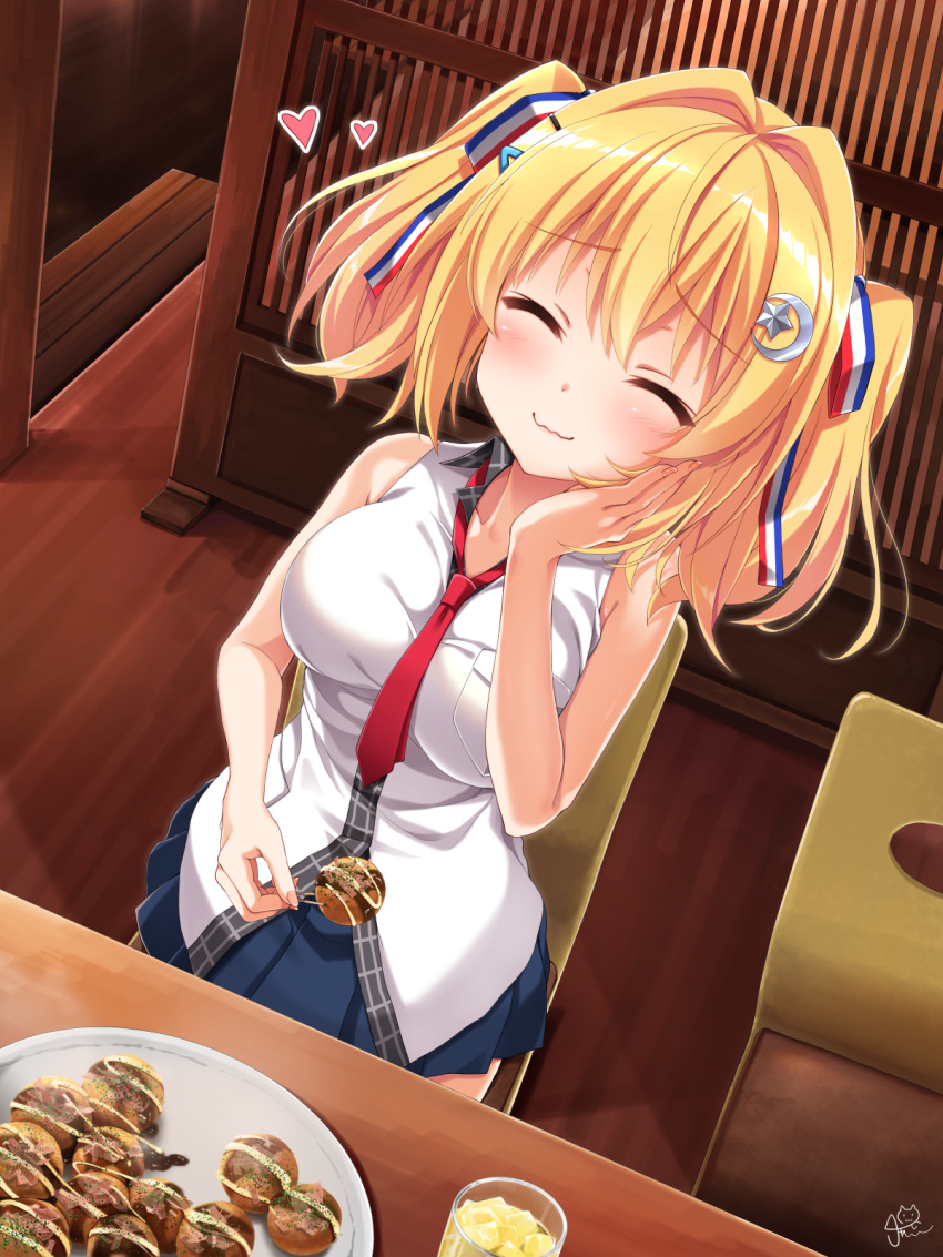1girl :3 ^_^ bare_arms between_breasts blonde_hair blue_skirt blush breasts chaamii closed_eyes closed_mouth collared_shirt commentary cowboy_shot crescent crescent_hair_ornament dango eating facing_viewer food from_above furrowed_brow futamata_ren'ai hair_between_eyes hair_intakes hair_ornament hand_on_own_cheek hand_on_own_face hand_up happy heart highres indoors large_breasts long_hair miniskirt necktie necktie_between_breasts pleated_skirt red_necktie restaurant shirt signature sitting skirt sleeveless sleeveless_shirt smile solo star_(symbol) star_hair_ornament toiro_kirame two_side_up wagashi white_shirt