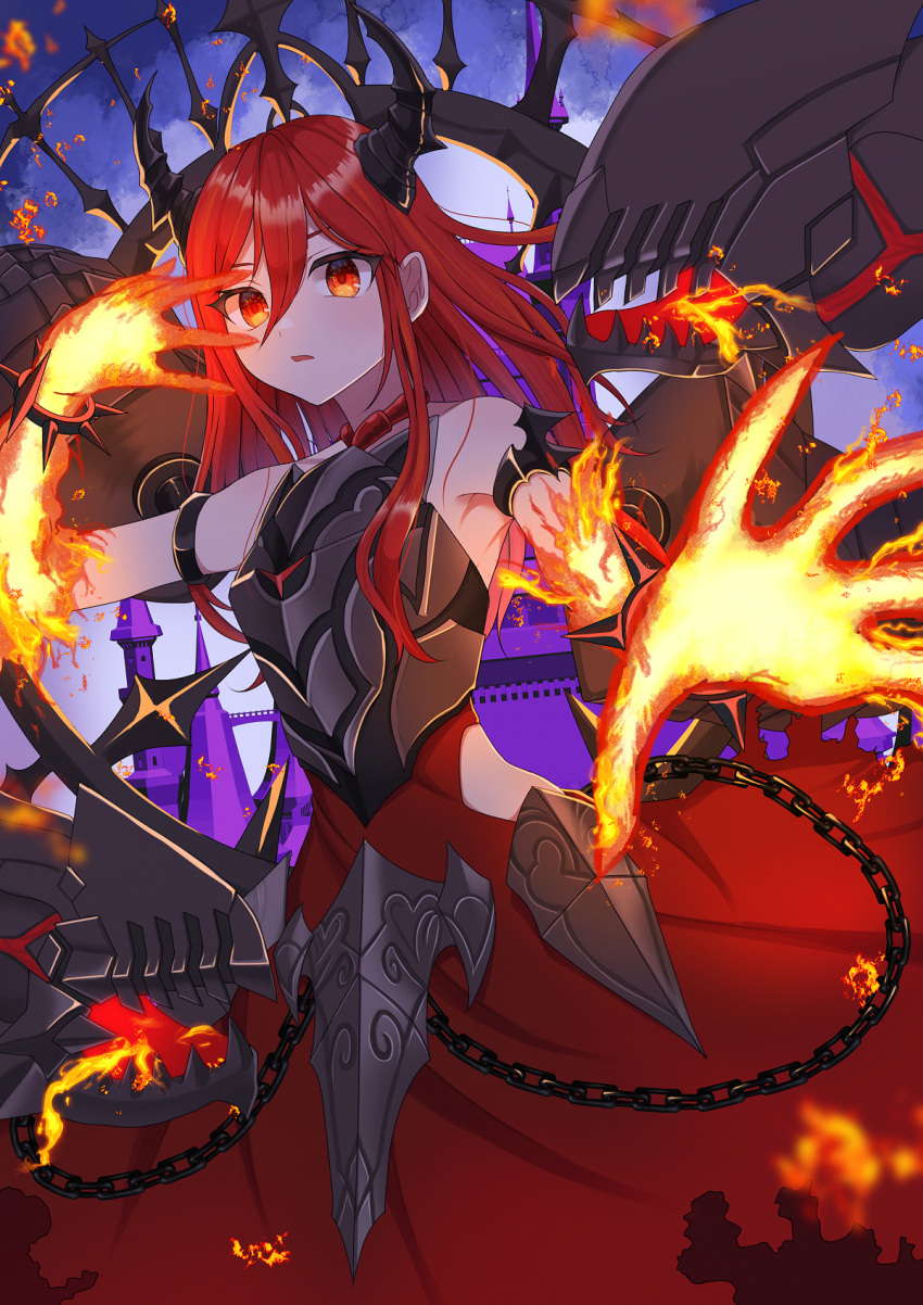 1girl armor bare_shoulders breastplate chain dress duel_monster flaming_arm hand_up highres horns pinyata_(pinyaland) promethean_princess_bestower_of_flames red_dress red_eyes redhead solo yu-gi-oh!