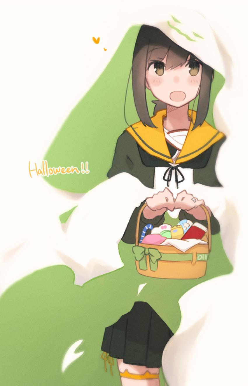 1girl absurdres basket black_cardigan black_hair black_skirt blush candy cardigan food fubuki_(kancolle) ghost_costume green_eyes halloween halloween_costume heart highres holding holding_basket jewelry kantai_collection long_sleeves looking_at_viewer ma_rukan open_cardigan open_clothes open_mouth orange_sailor_collar pleated_skirt ring sailor_collar short_hair signature skirt smile solo wedding_ring