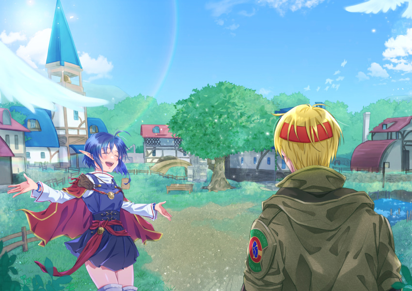 19670615t 1boy 1girl ahoge bench bird blonde_hair blue_hair blush bridge building cape claude_kenni clouds headband highres jacket open_mouth pointy_ears pond red_cape rena_lanford short_hair skirt smile star_ocean star_ocean_the_second_story town tree