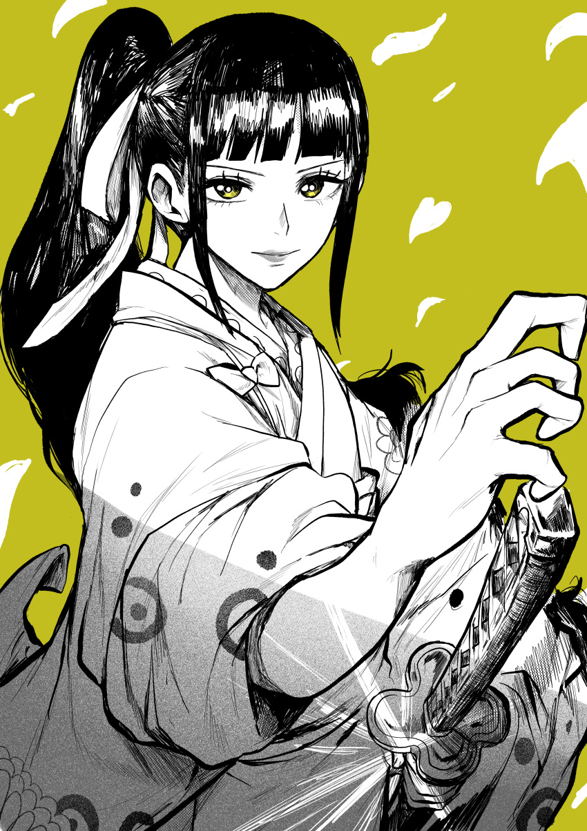 1boy absurdres black_hair closed_mouth commentary_request greyscale_with_colored_background hair_ornament hair_ribbon high_ponytail highres japanese_clothes katana kikunojo_(one_piece) kimono lips lipstick long_hair makeup male_focus monochrome one_piece otoko_no_ko ponytail ribbon smile solo sword traditional_clothes weapon yotsumi_shiro